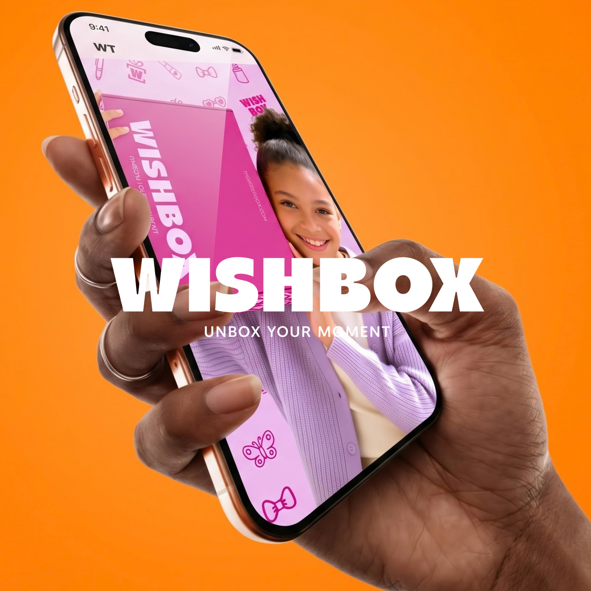 Wishbox mobile website mockup featuring a pink gift box with the headline “Wishbox: Unbox Your Moment.”