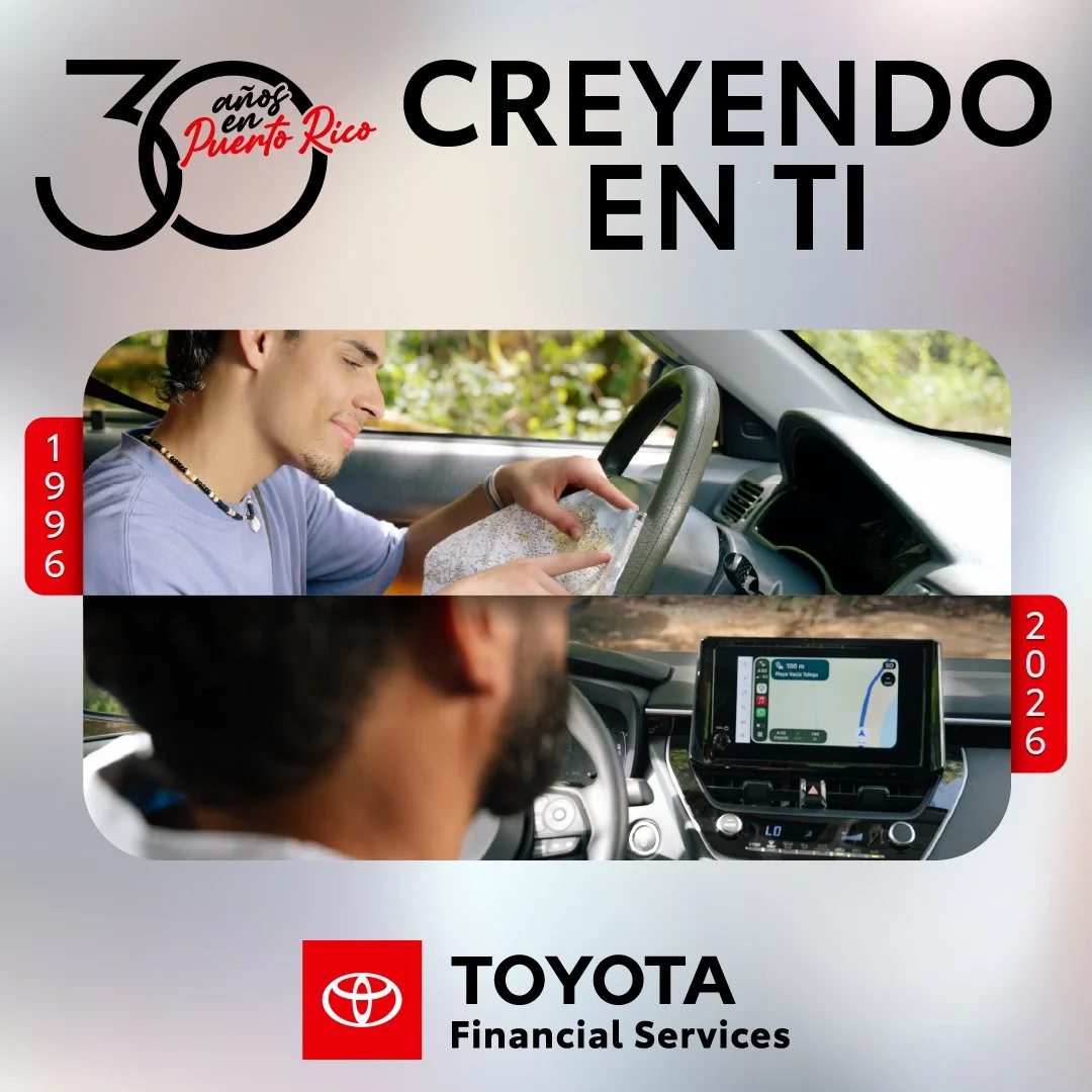 Toyota Financial Services display ad contrasting a paper map in 1996 with digital navigation in 2026.