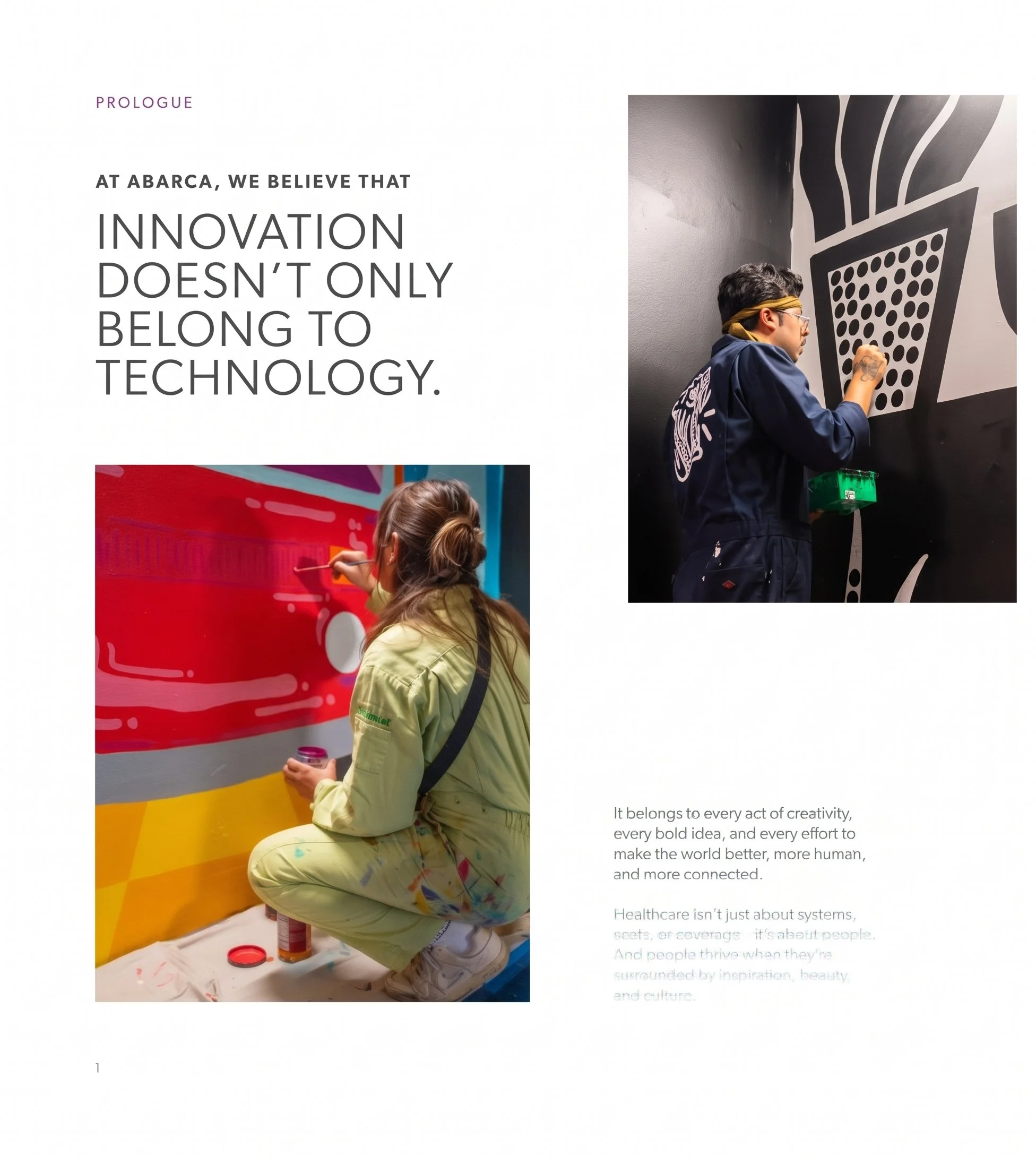 Art in Our DNA prologue page featuring artists painting murals alongside the headline “Innovation doesn’t only belong to technology.”