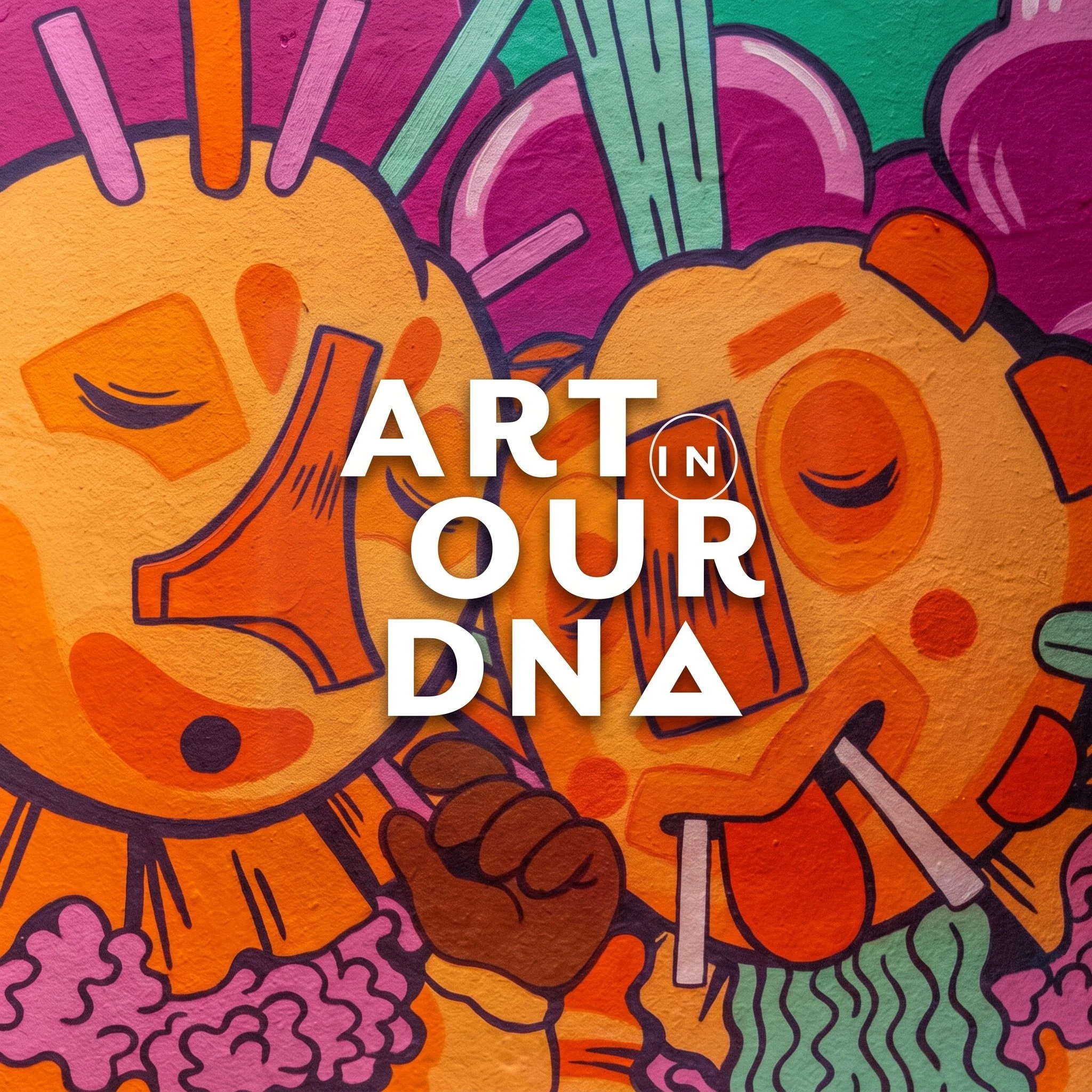 Art in Our DNA title layered over a vibrant orange, pink and purple mural illustration.