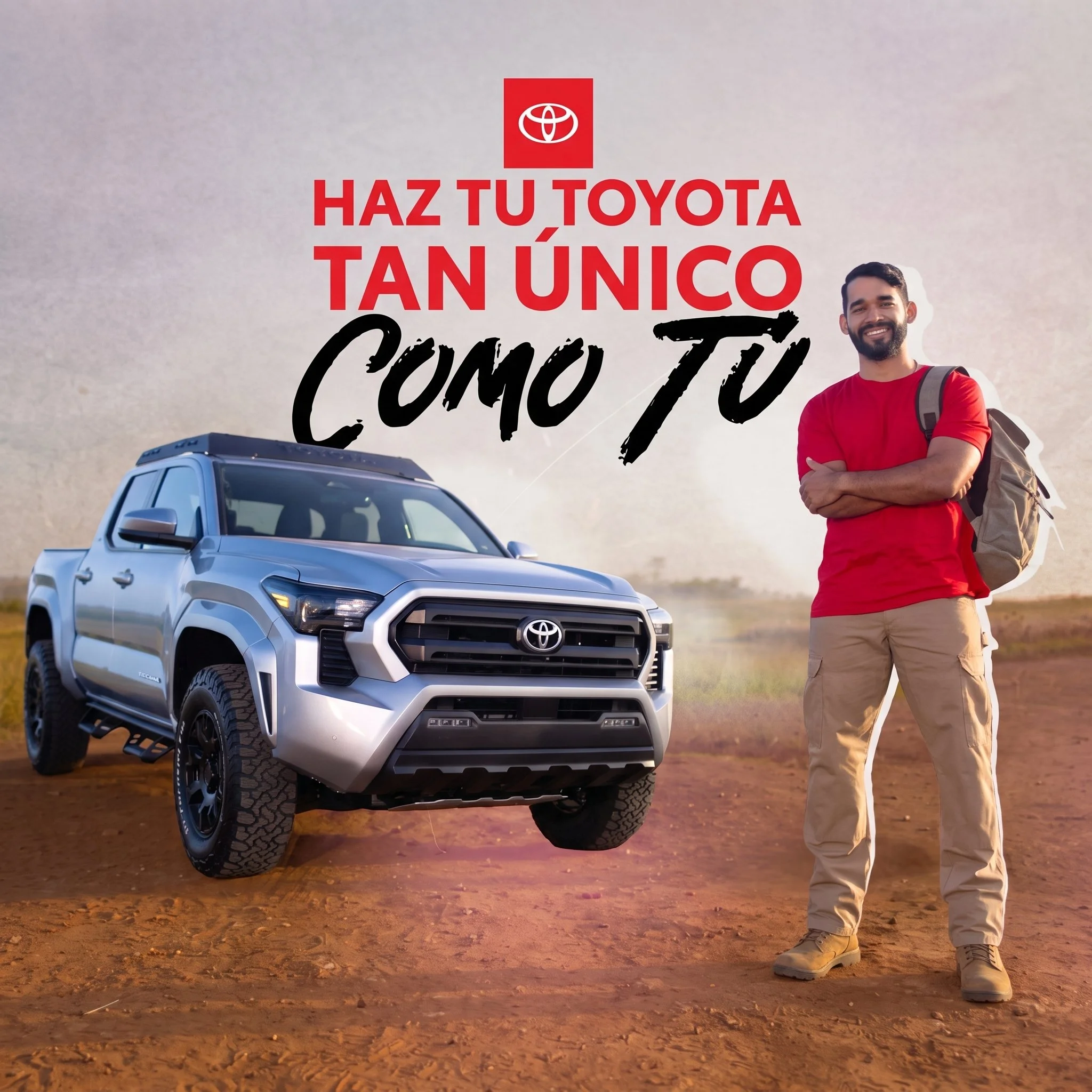 Toyota Tacoma equipped with Original Accessories beside a person with a backpack, with “Haz tu Toyota tan único como tú” displayed above.