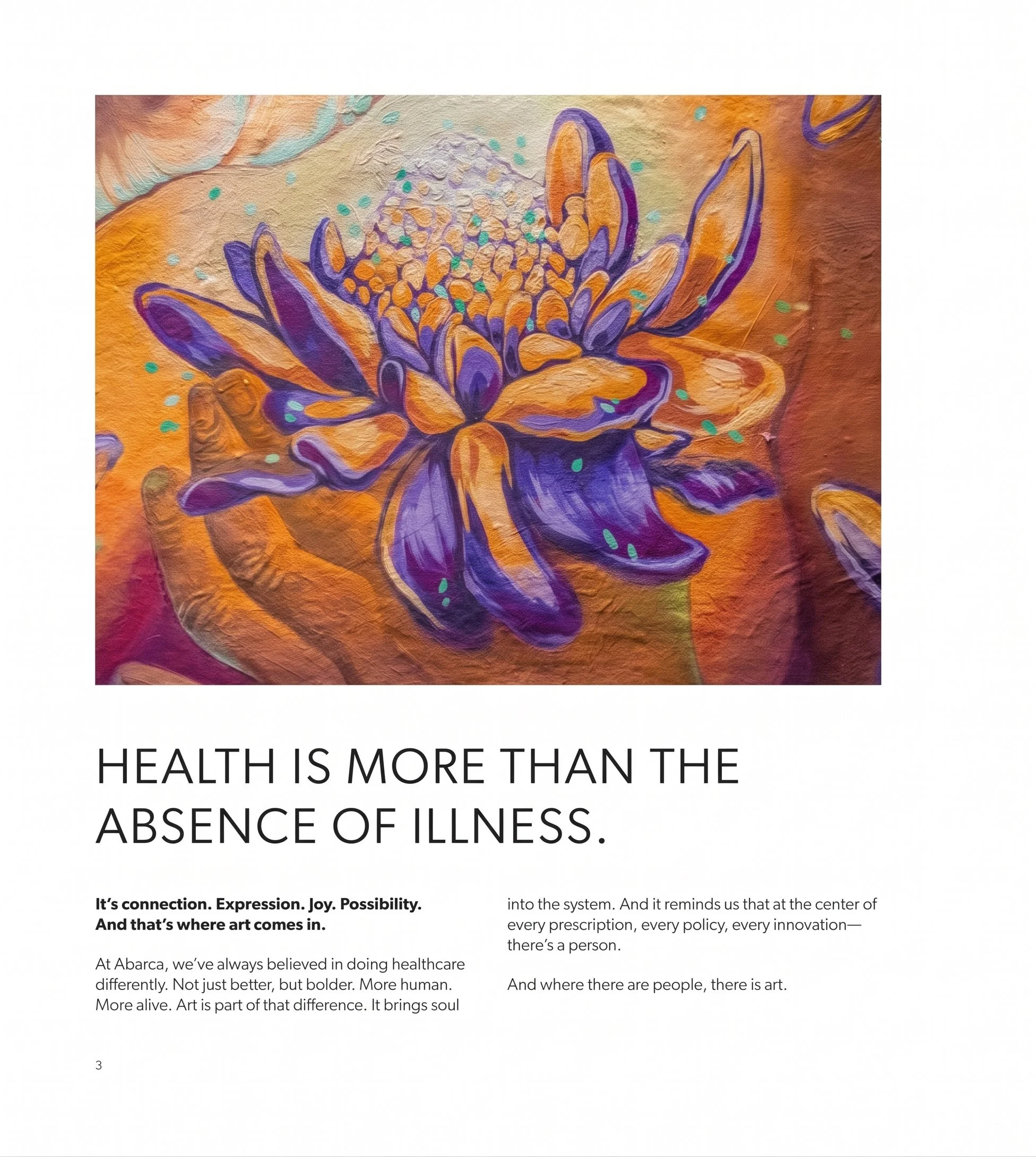 Art in Our DNA editorial page featuring a colorful floral mural and the headline “Health is more than the absence of illness.”