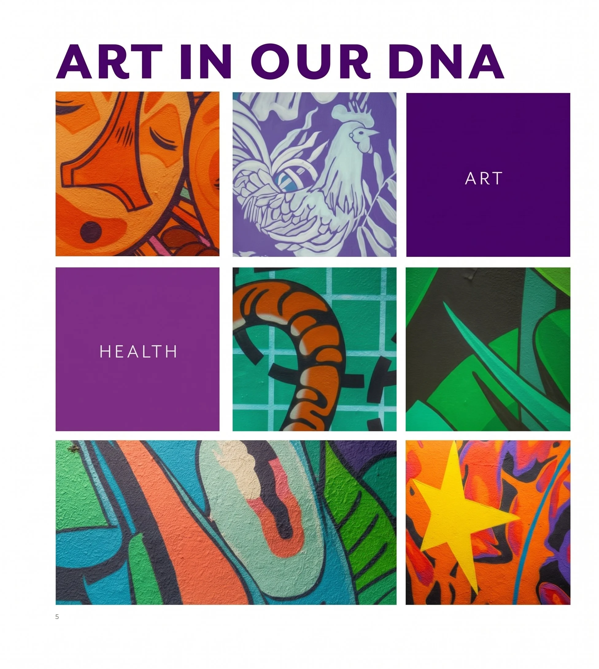 Art in Our DNA editorial page featuring a colorful grid of mural details and the words “Art” and “Health.”