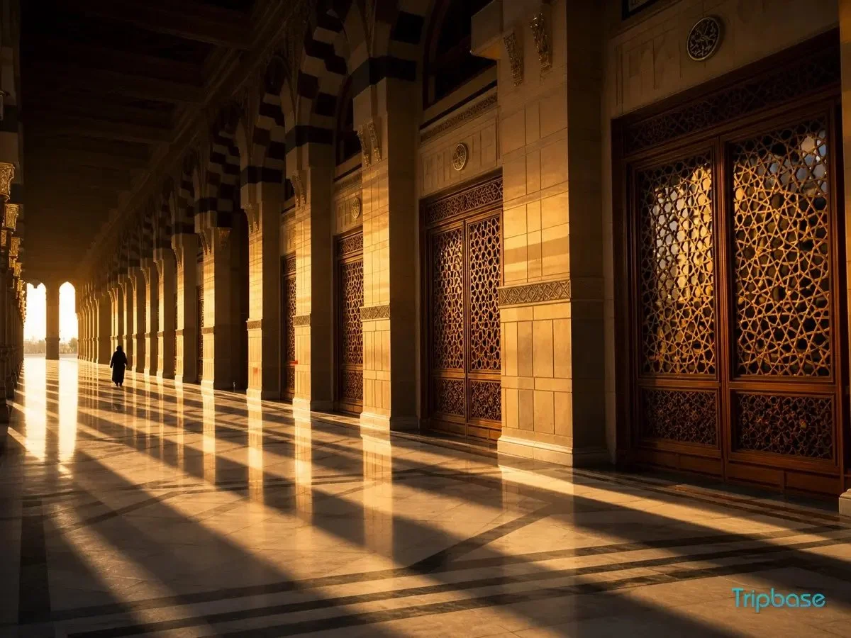 Historic architecture in Madinah, Saudi Arabia, reflecting heritage led urban design. Sunlight streaming through arches creating shadow patterns on a marble floor in an ornate corridor with wooden lattice doors.