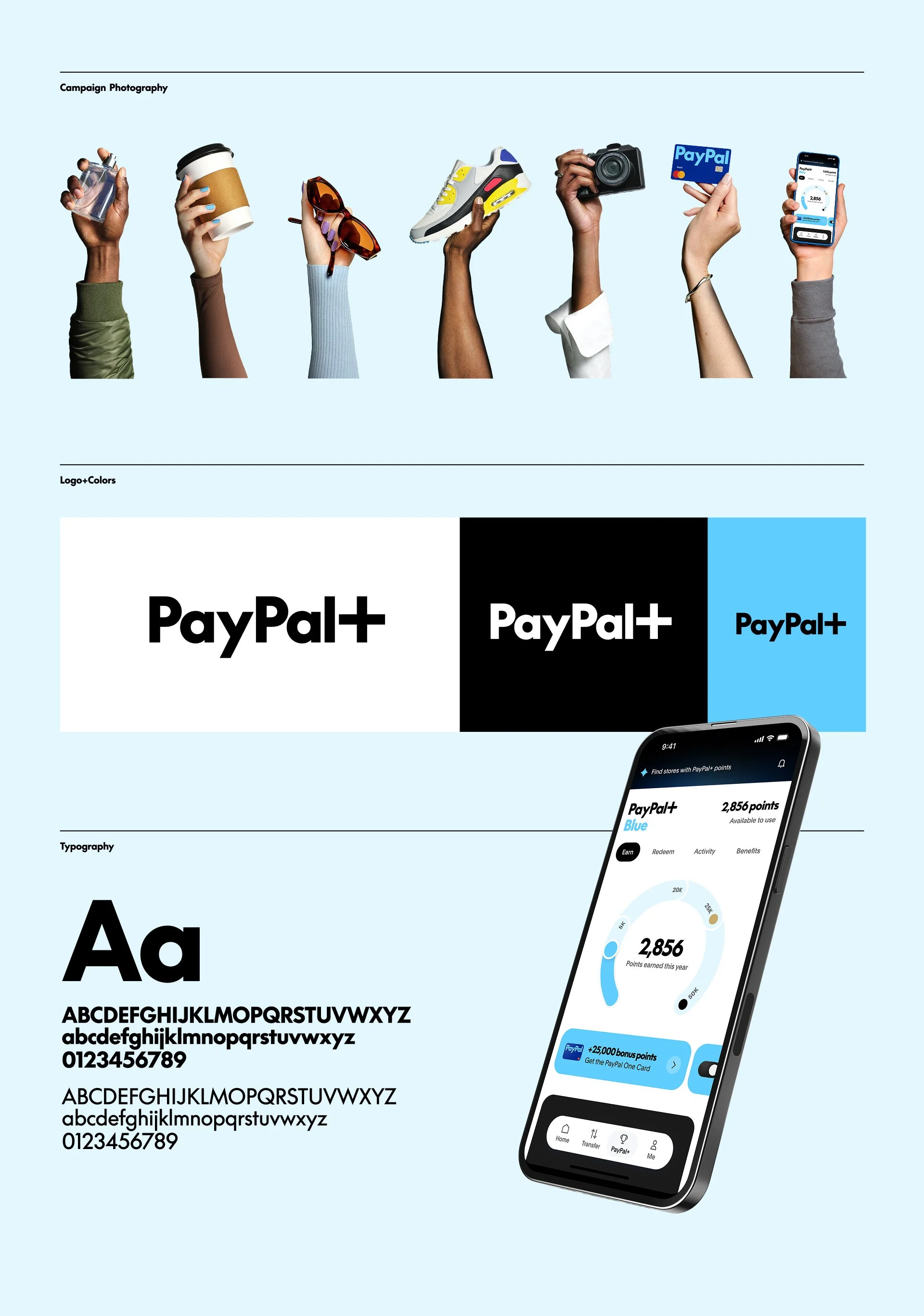 A design mockup of PayPal branding with different logos, color schemes, typography, and a smartphone displaying the PayPal app interface.