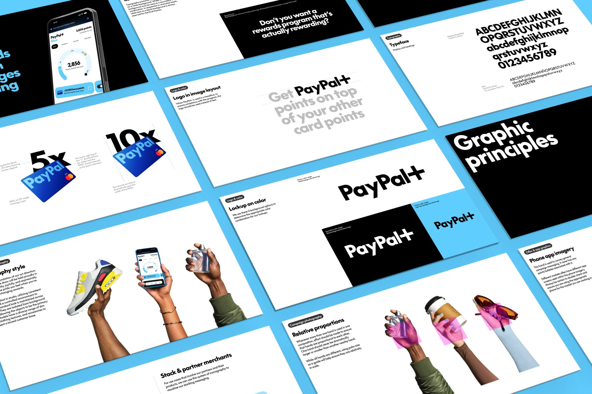 Collage of design presentation slides showcasing PayPal branding, logo, typography, color palette, graphic principles, and promotional graphics, with images of people holding a smartphone and a sneaker.