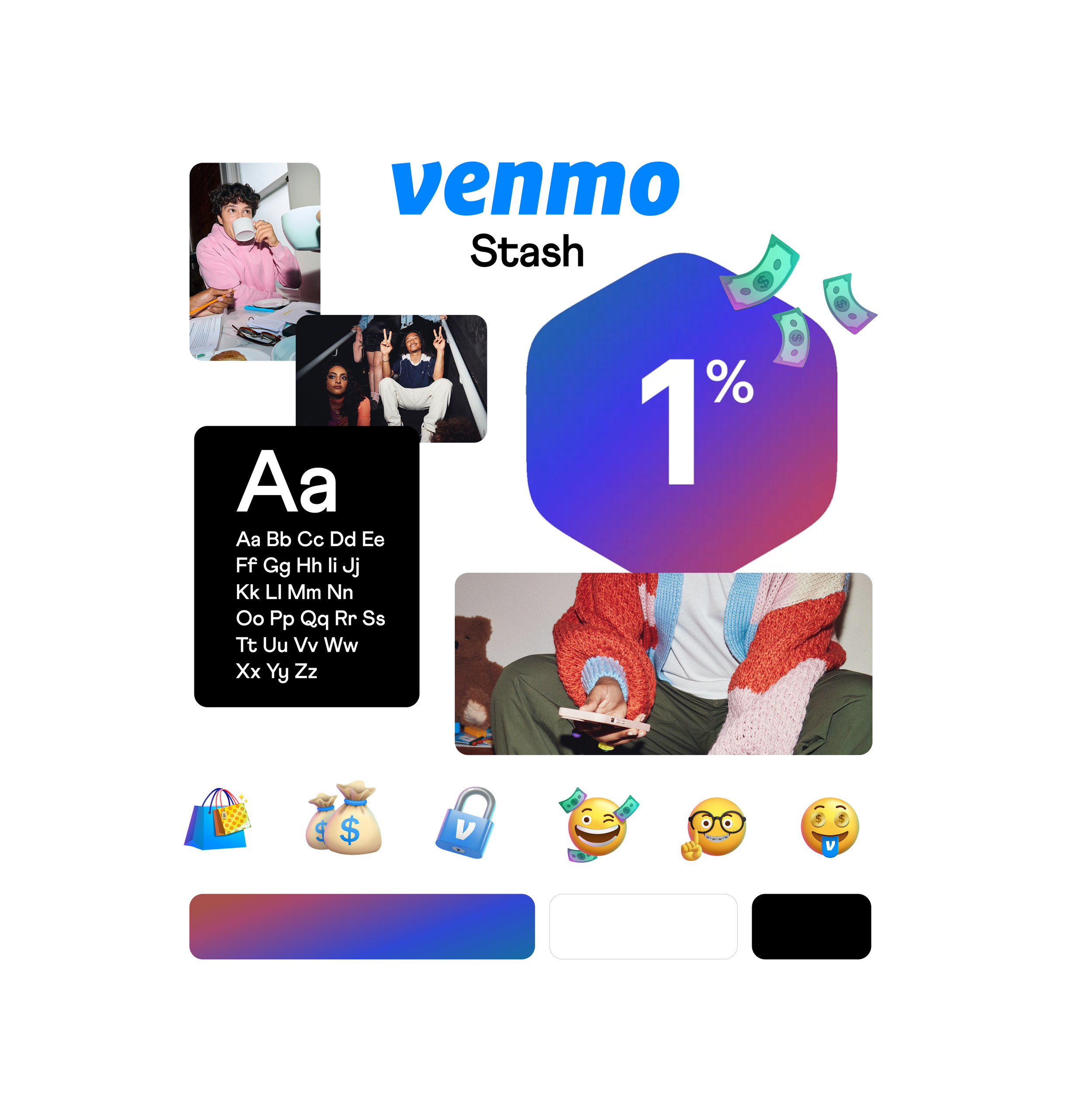 Collage including photos of people, colorful graphic with 'VEMO' text and a percentage, a black and white alphabet chart, and various emojis representing shopping, money, security, and emotions.