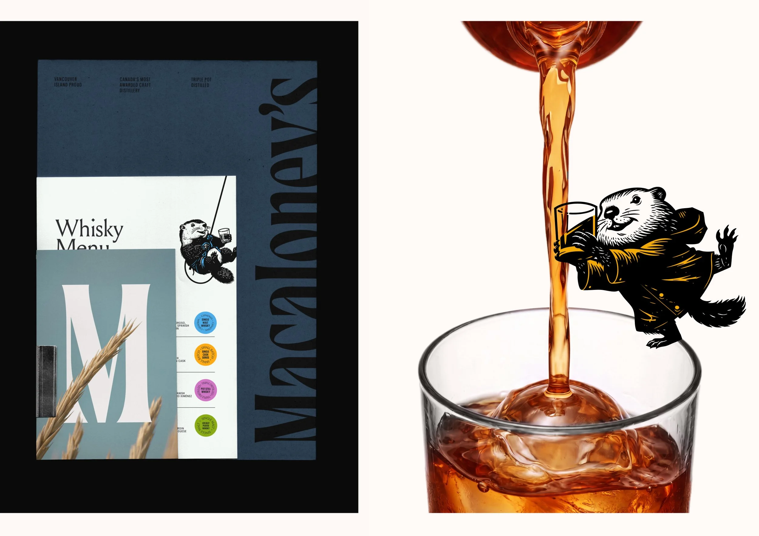 Side-by-side image showing whisky menu on the left and whisky being poured into a glass on the right.