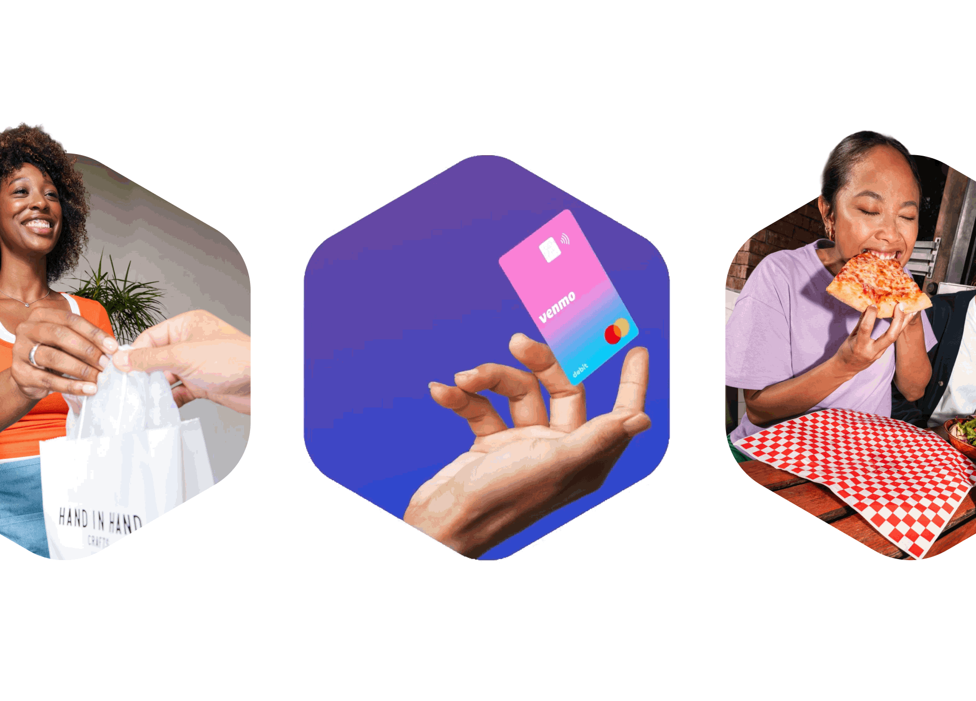 Collage of three images: a woman handing over a paper bag, a hand holding a mobile phone with a Venmo app, and a woman eating pizza at a table with a red and white checkered tablecloth.
