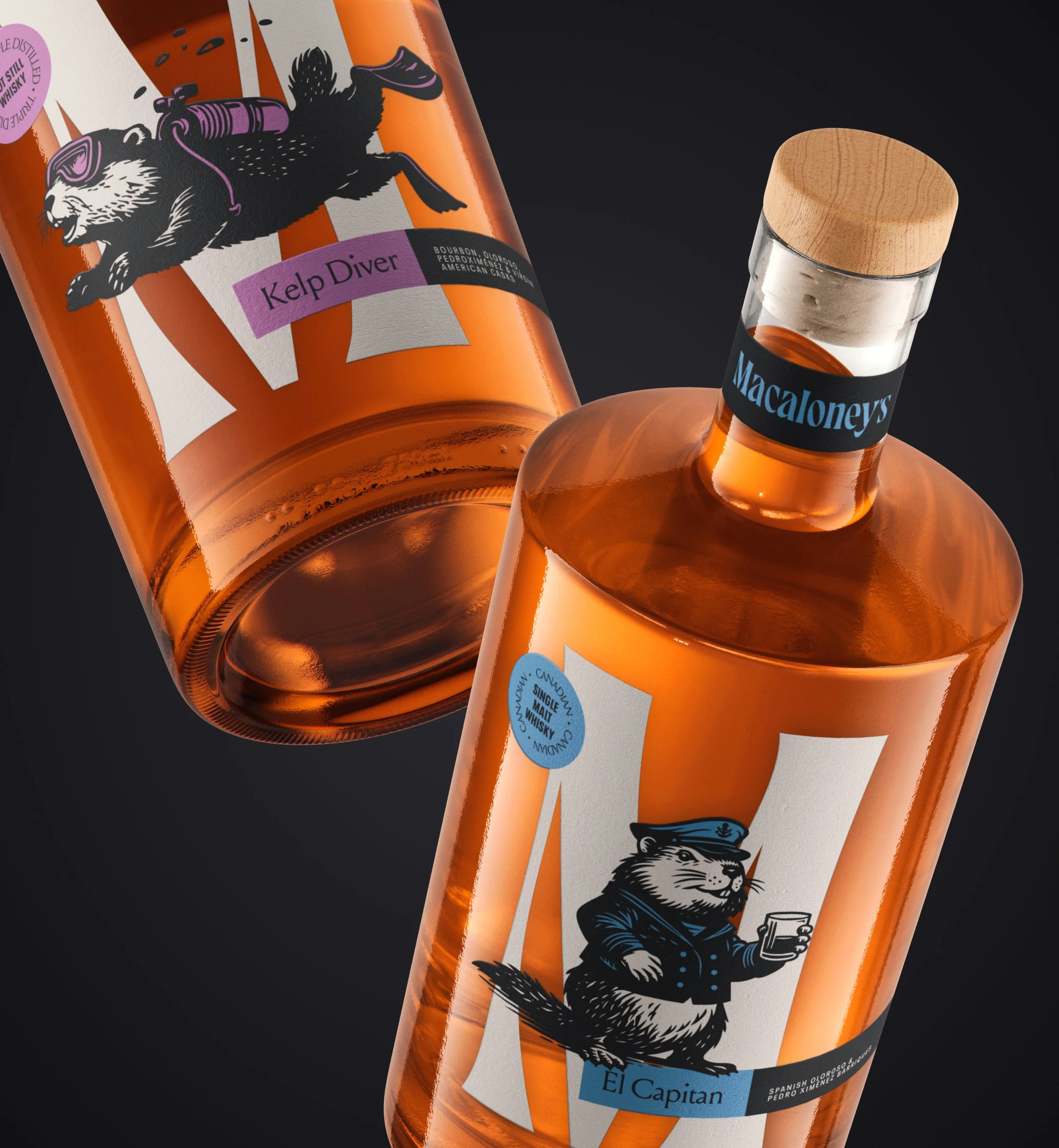 Close-up of a bottle of whisky with a label featuring a black and white illustration of a raccoon it wearing a bartender's uniform and holding a drink, with the text 'Kelph Diver' and the brand name 'El Capitan.'