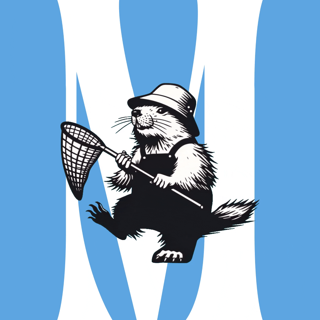 Illustration of a ferret wearing a hat and overalls, holding a fly swatter.