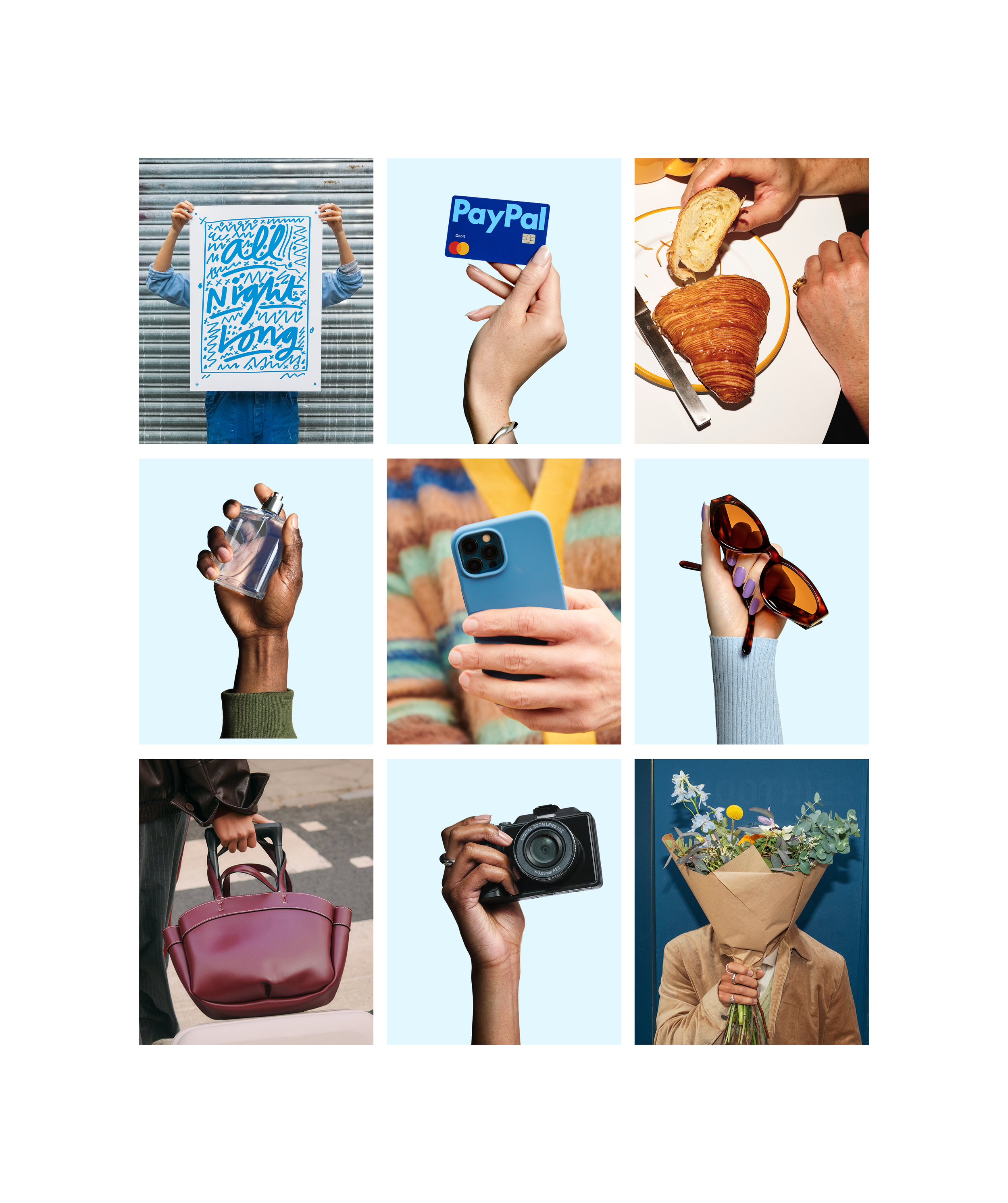 A collage of six images showing various objects and scenes. Top row: person holding a sign that says 'All Night Long' against a metal background, hand holding a PayPal debit card, person eating a croissant and bread at a table. Middle row: hand holdi
