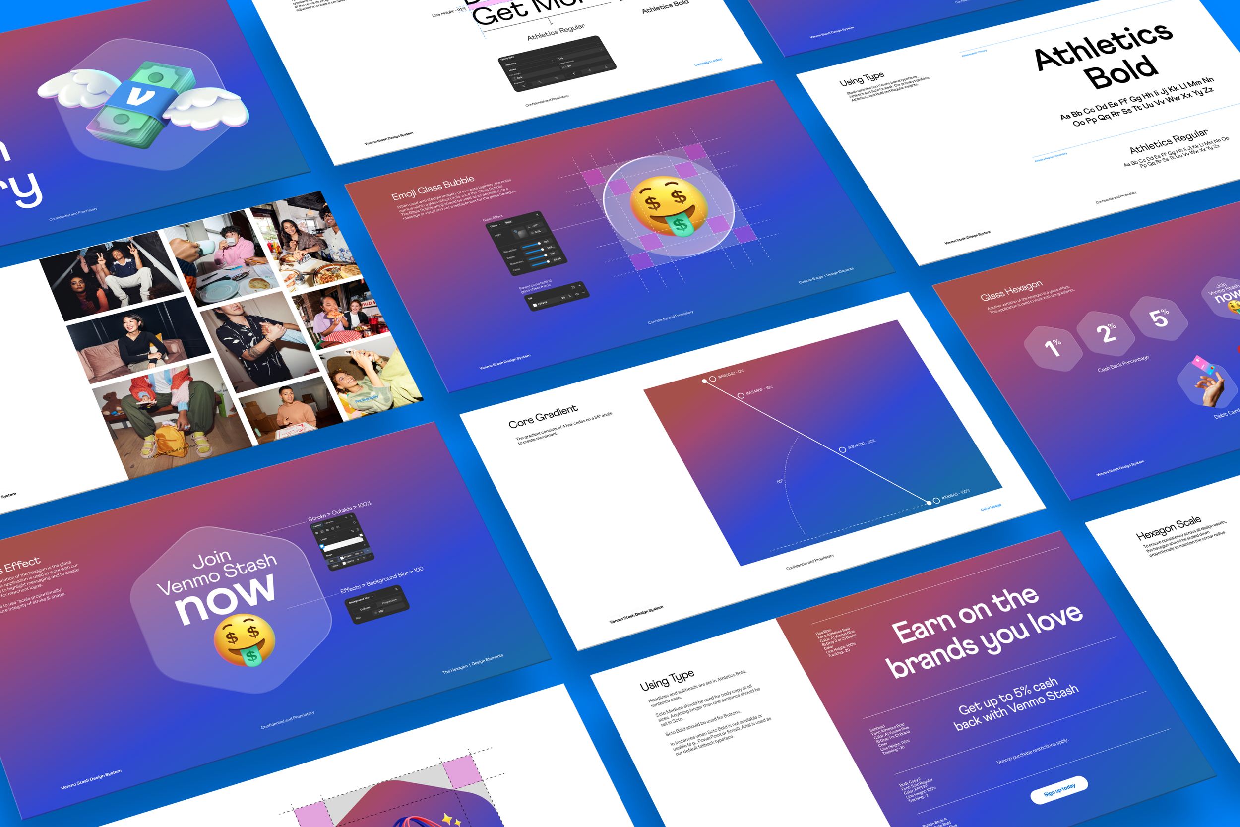 Multiple digital design presentation slides featuring topics like earning money through brands, using hexagons, emojis, and typography styles, with a consistent blue and purple gradient background.