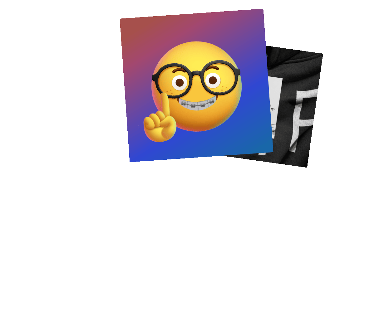A colorful emoji with glasses, braces, smiling face, and a raised index finger, on a gradient background.