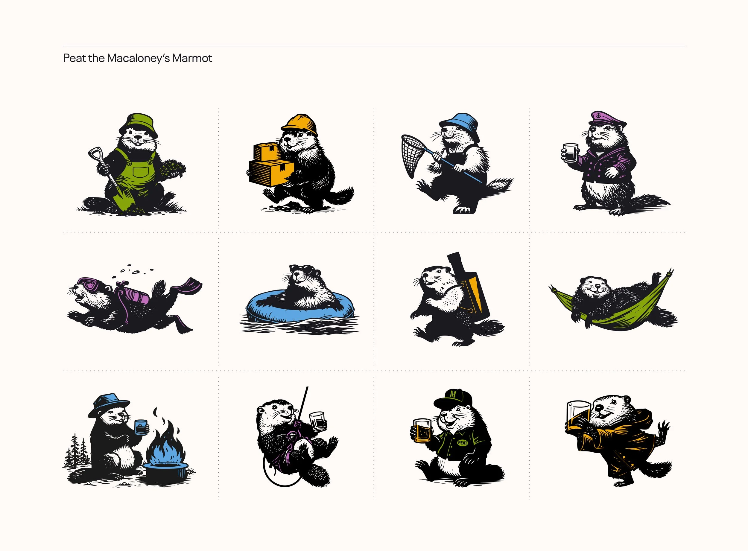 Illustration of anthropomorphic otters dressed in various outdoor and leisure activities.