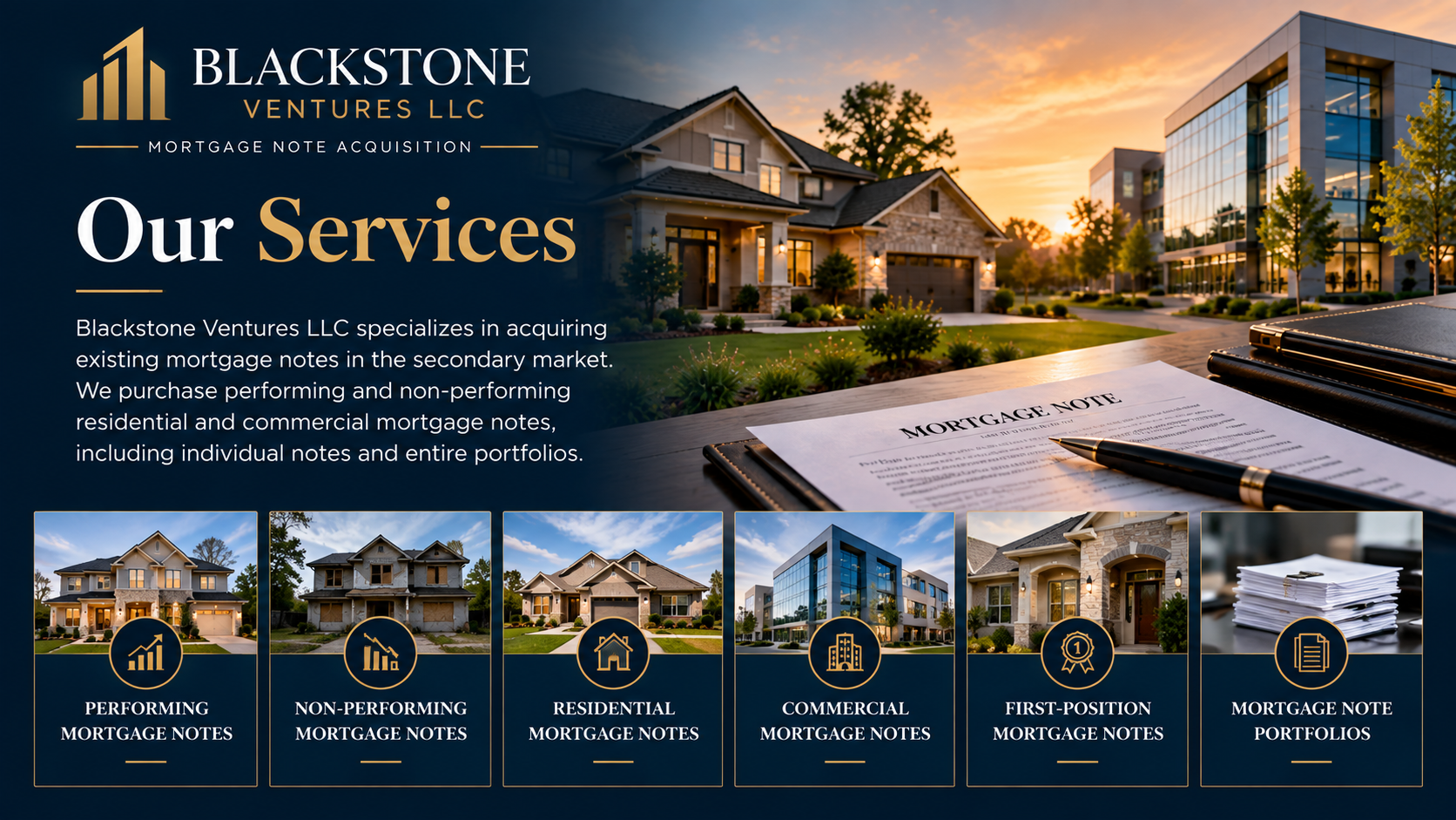 Blackstone Ventures LLC advertisement showcasing real estate and mortgage note acquisition services with images of houses, commercial buildings, and stacks of mortgage documents.