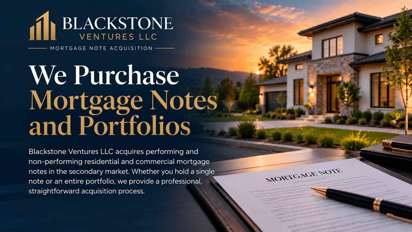 Blackstone Ventures LLC focusing on purchasing mortgage notes and portfolios, featuring a modern house at sunset and a mortgage note with a pen on a desk.