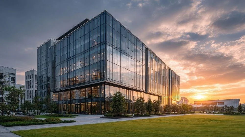 Modern glass office building at sunset with a green park in front.