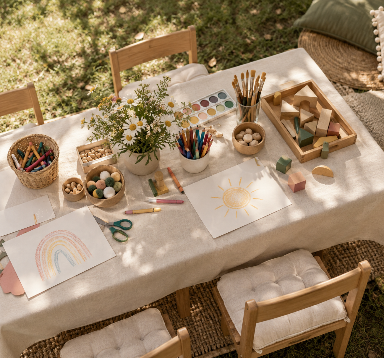 Children's art supplies including crayons, paints, construction paper, scissors, and wooden blocks arranged on a table outdoors, with children's drawings of a rainbow and the sun.