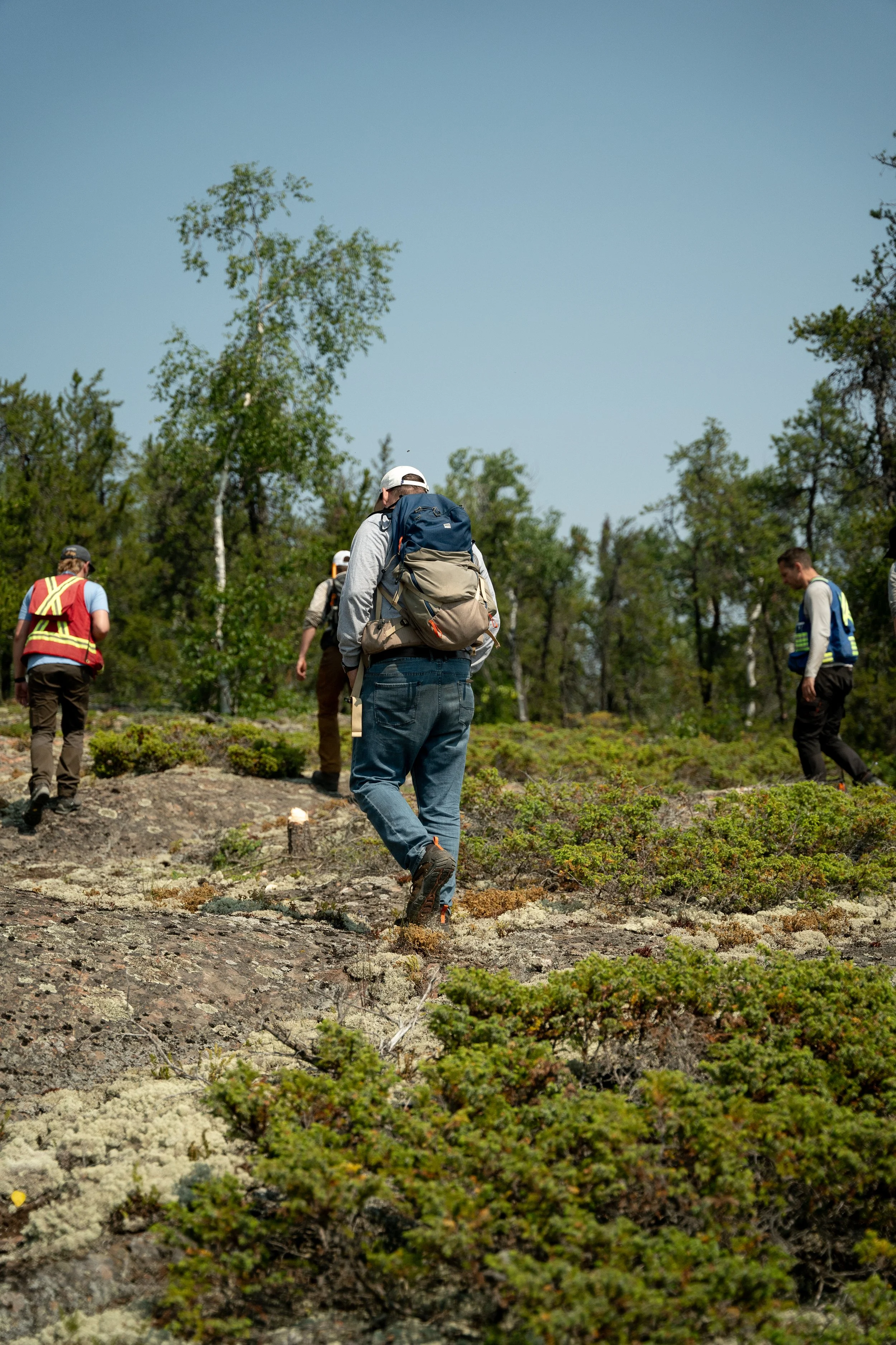 A group of hikers walking through a rocky, mossy terrain in a forested area with trees and blue sky visible in the background.