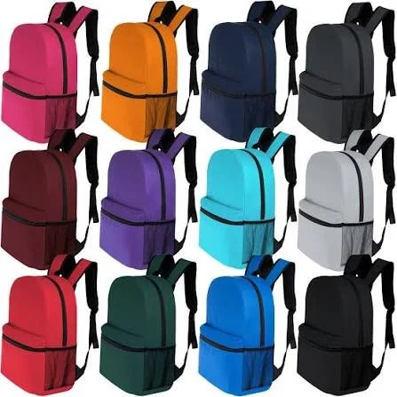 A collection of twelve colorful backpacks arranged in four rows and three columns. The backpacks come in various colors including pink, orange, navy blue, black, maroon, purple, light blue, gray, red, green, royal blue, and dark gray.