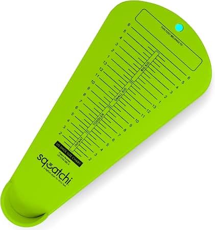 Green plastic shoe size measuring device, measurement markings from 0 to 15 cm, and the brand name 'sagetchi' at the bottom.