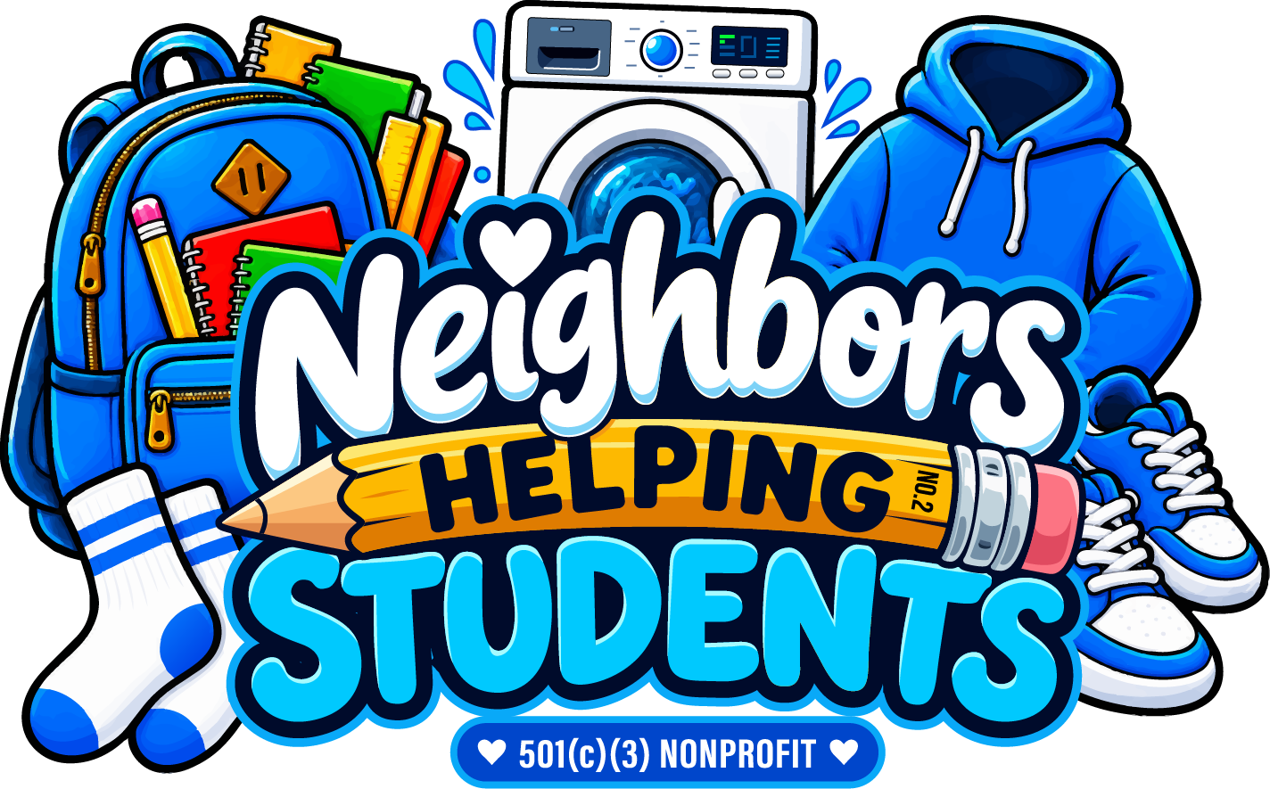 Illustration promoting a nonprofit organization helping students, featuring school supplies, a washing machine, sneakers, and the text 'Neighbors Helping Students' with additional information about 501(c)(3) nonprofit status.