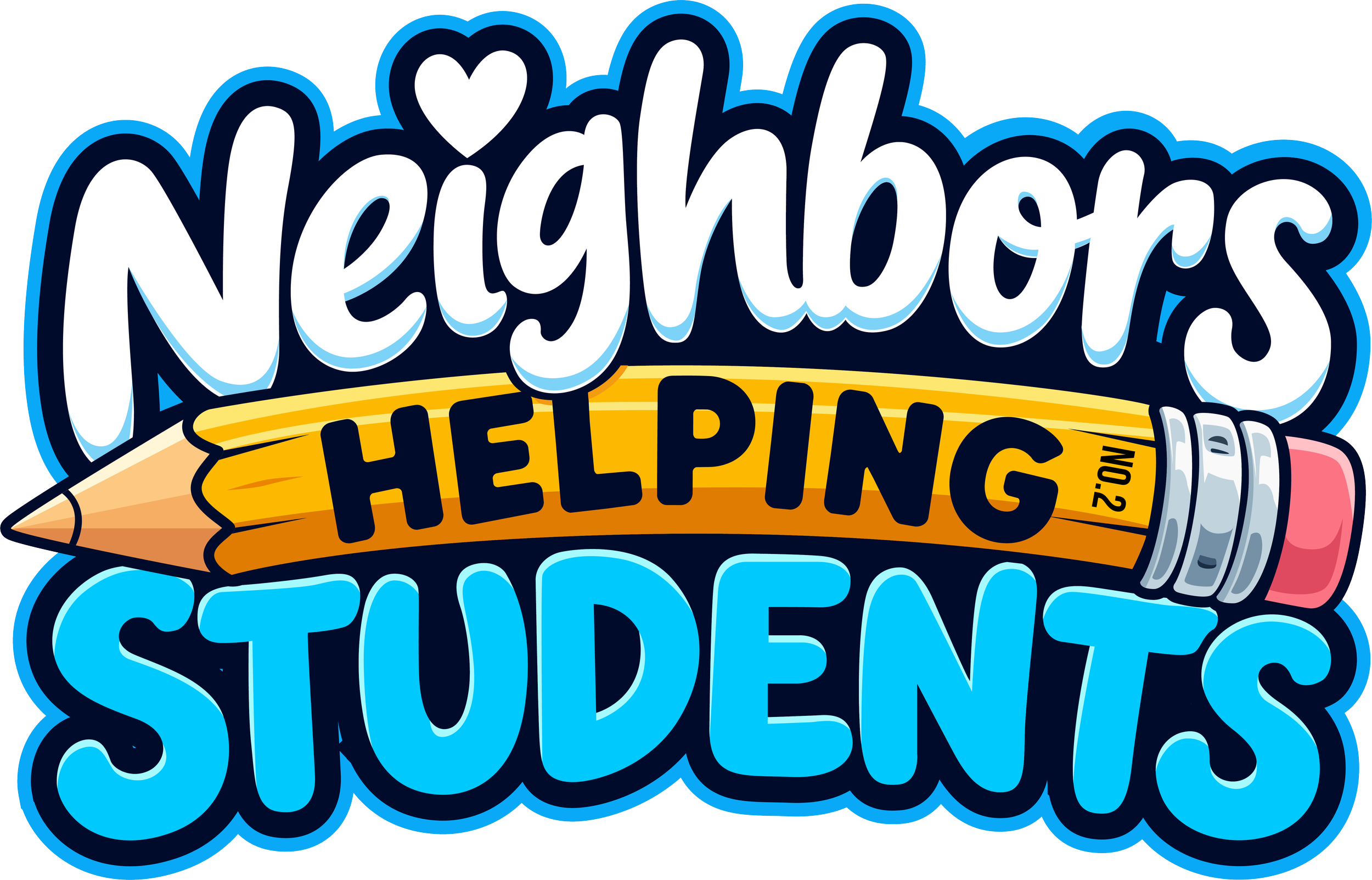 Colorful sticker-style graphic with the words 'Neighborhood Helping Out' arranged around a yellow pencil illustration.
