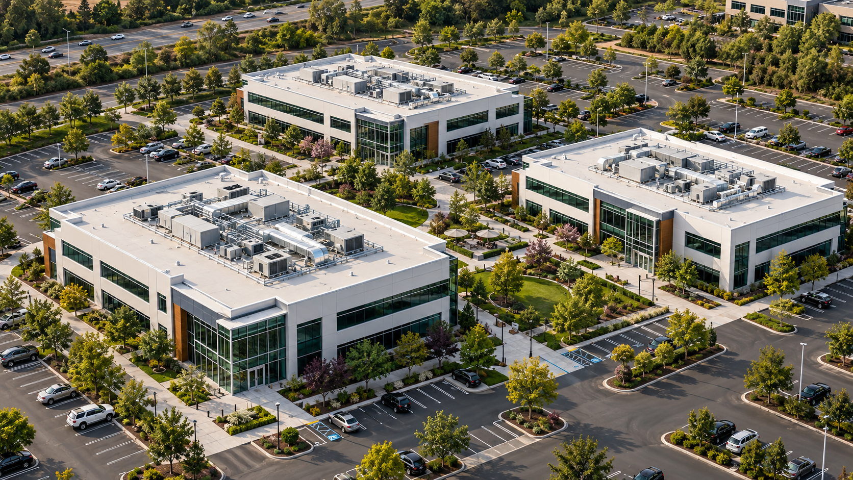 1. Aerial view of a multi-building corporate campus with parking areas, landscaping, and connecting walkways.