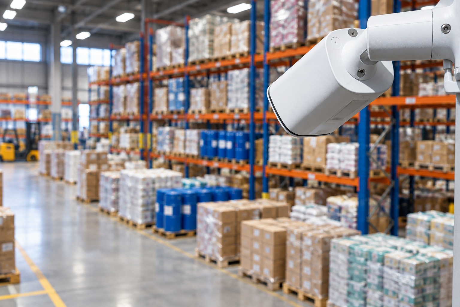 Warehouse with shelves stacked with boxes, and a bullet security camera in the foreground.