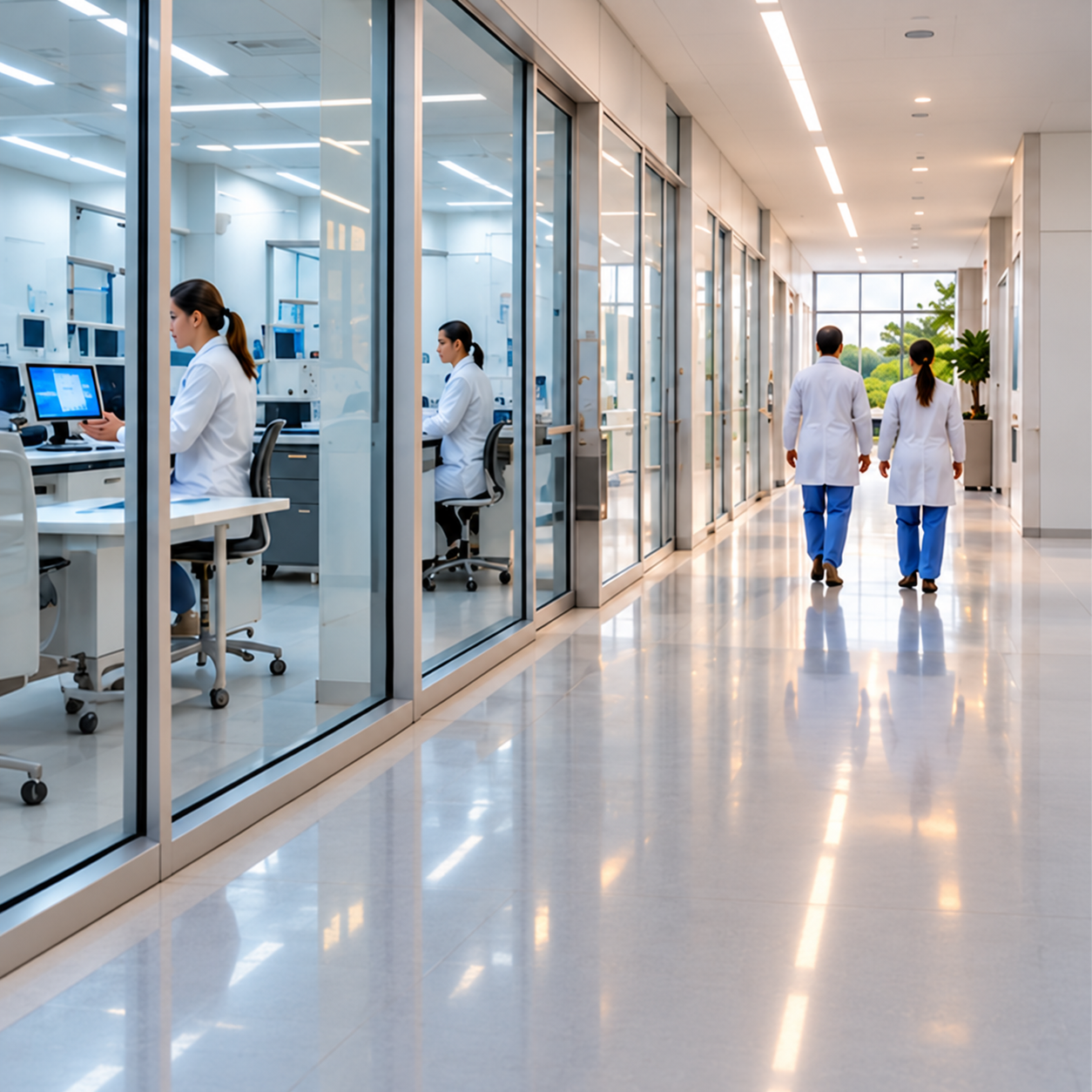 Medical professionals working in a modern glass-walled clinical and laboratory environment.