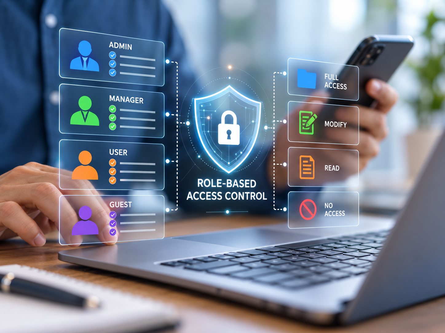 Laptop displaying role-based access control permissions for users, managers, administrators, and guests.