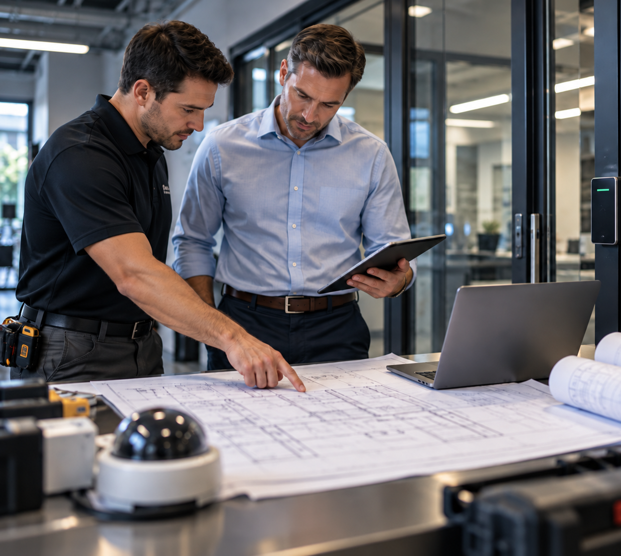 Security professionals reviewing system plans and blueprints for a commercial project.