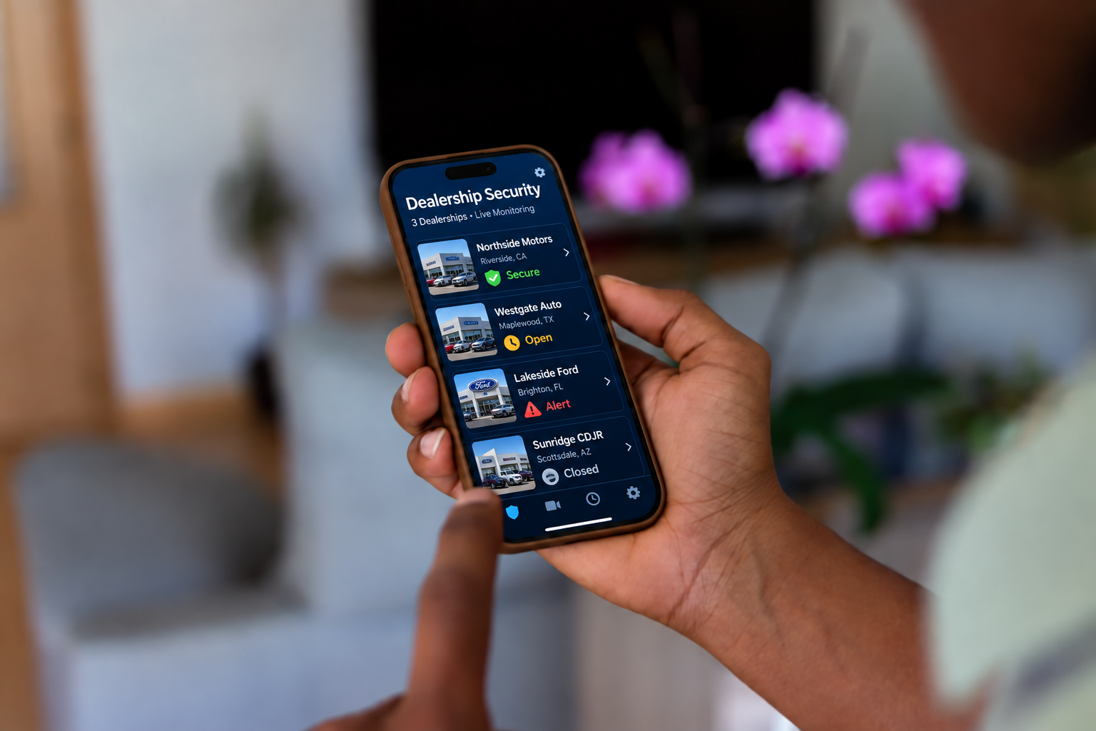 User monitoring security status across multiple automotive dealership locations from a mobile app.