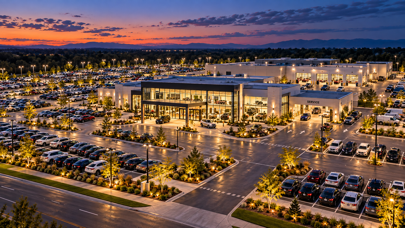 Automotive dealership and vehicle inventory illuminated after hours.