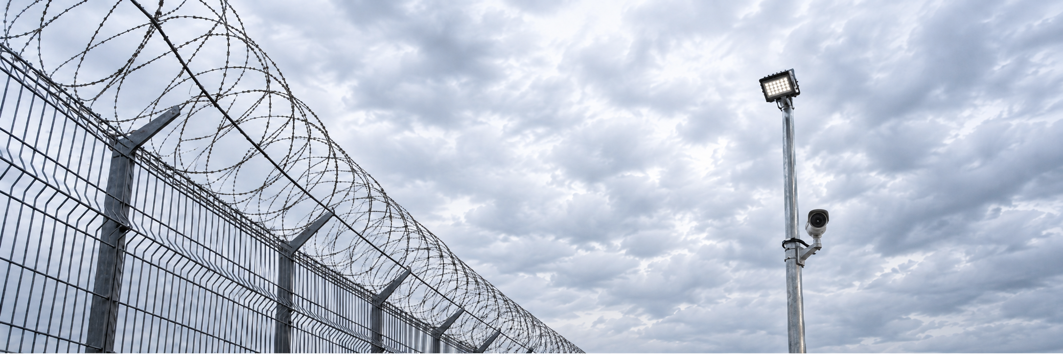Security camera and floodlight monitoring a fenced industrial perimeter.
