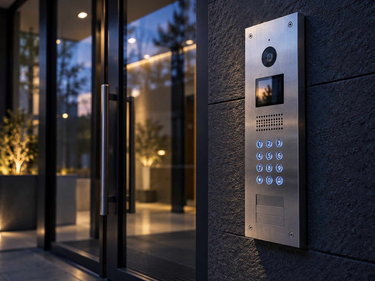 Commercial video intercom with camera and keypad mounted beside a glass building entrance at dusk.