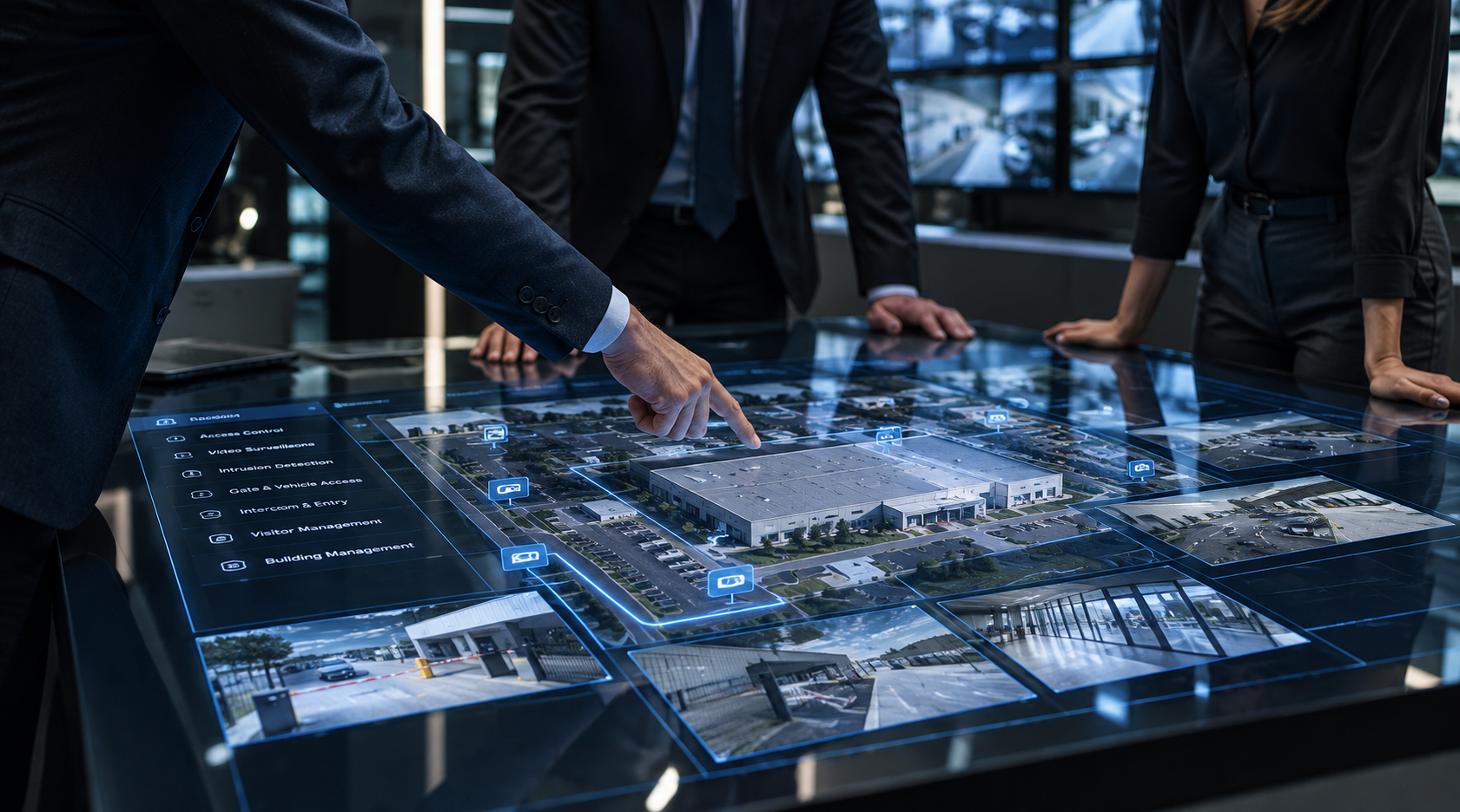 Security professionals reviewing a commercial site plan and camera layout on an interactive digital table.