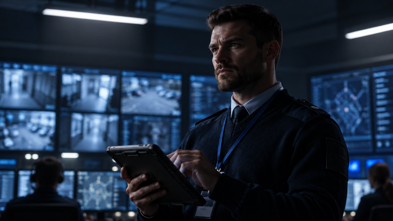 Security professional reviewing surveillance system information on a tablet in a commercial control room.