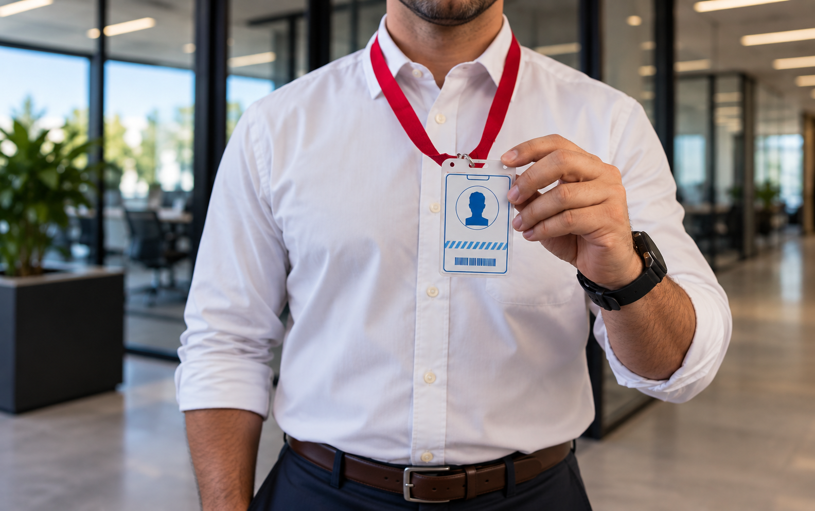 Visitor holding a temporary identification badge in a commercial office.
