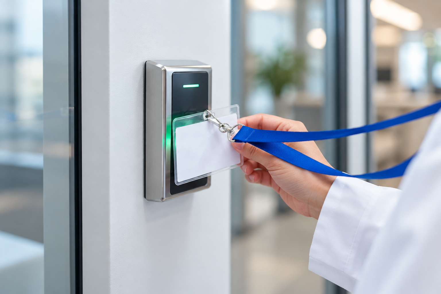 Medical professional presenting an access badge to a card reader at a controlled laboratory entrance.