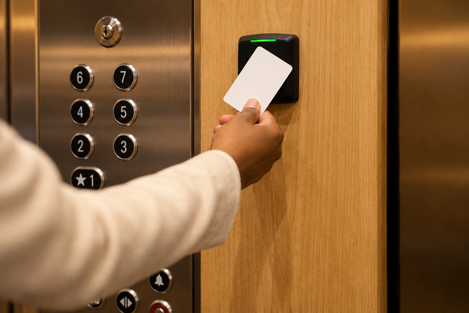 Employee using an access credential at an elevator.