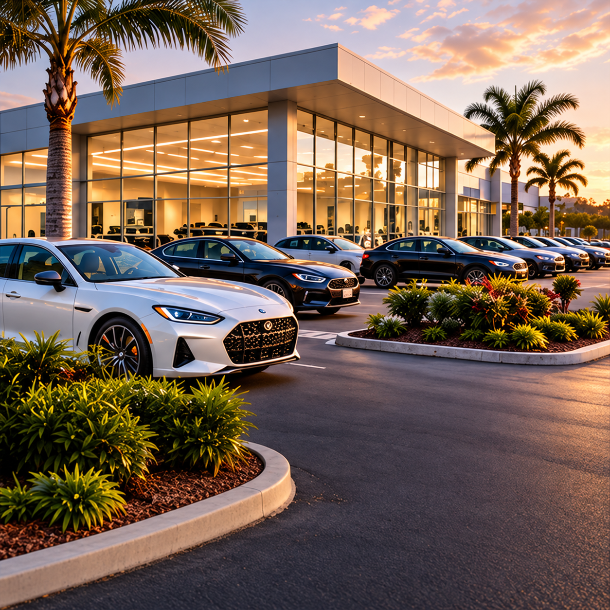 Modern automotive dealership with vehicle inventory and illuminated showroom at dusk.