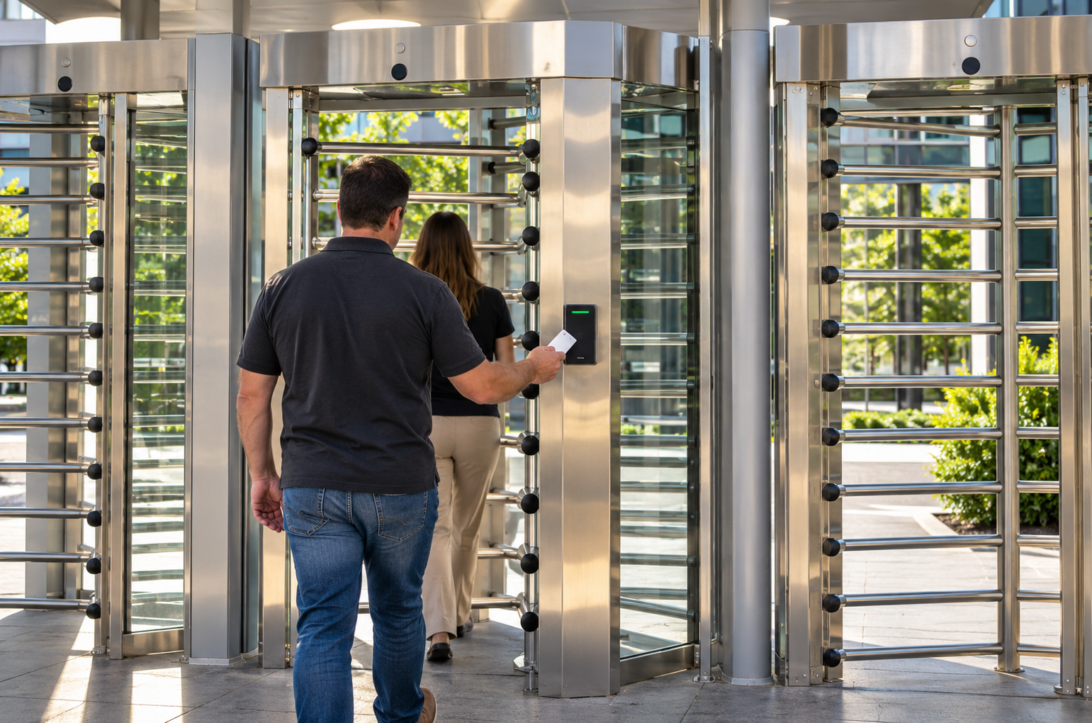 Employee using a mobile access credential at an industrial turnstile.