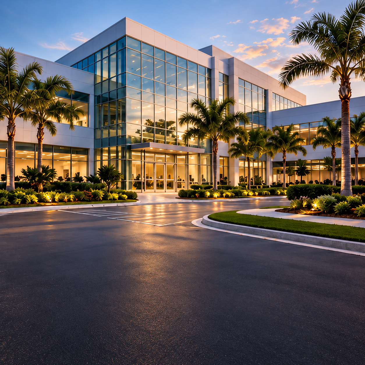 Modern corporate office building with glass facade and landscaped entrance at dusk.