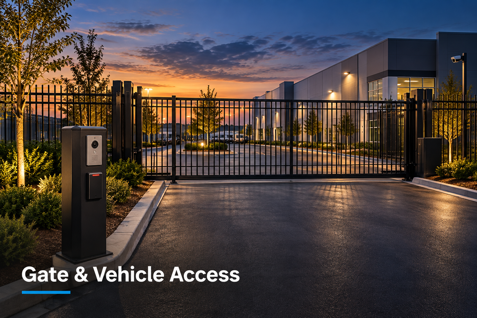 Controlled vehicle gate at the entrance of a modern commercial property at dusk.