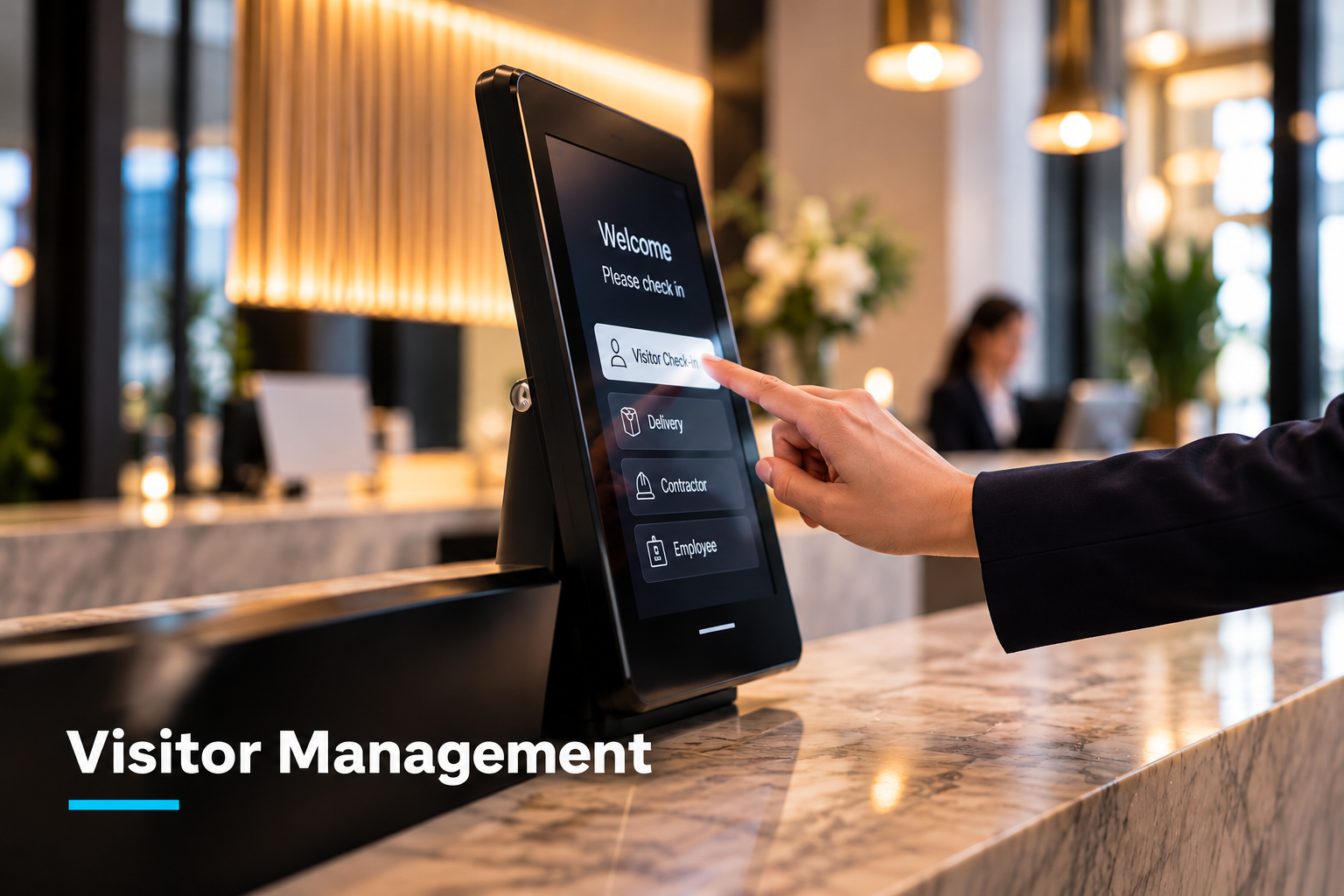 Commercial visitor management system with touchscreen self-service check-in kiosk at a modern corporate office reception desk.