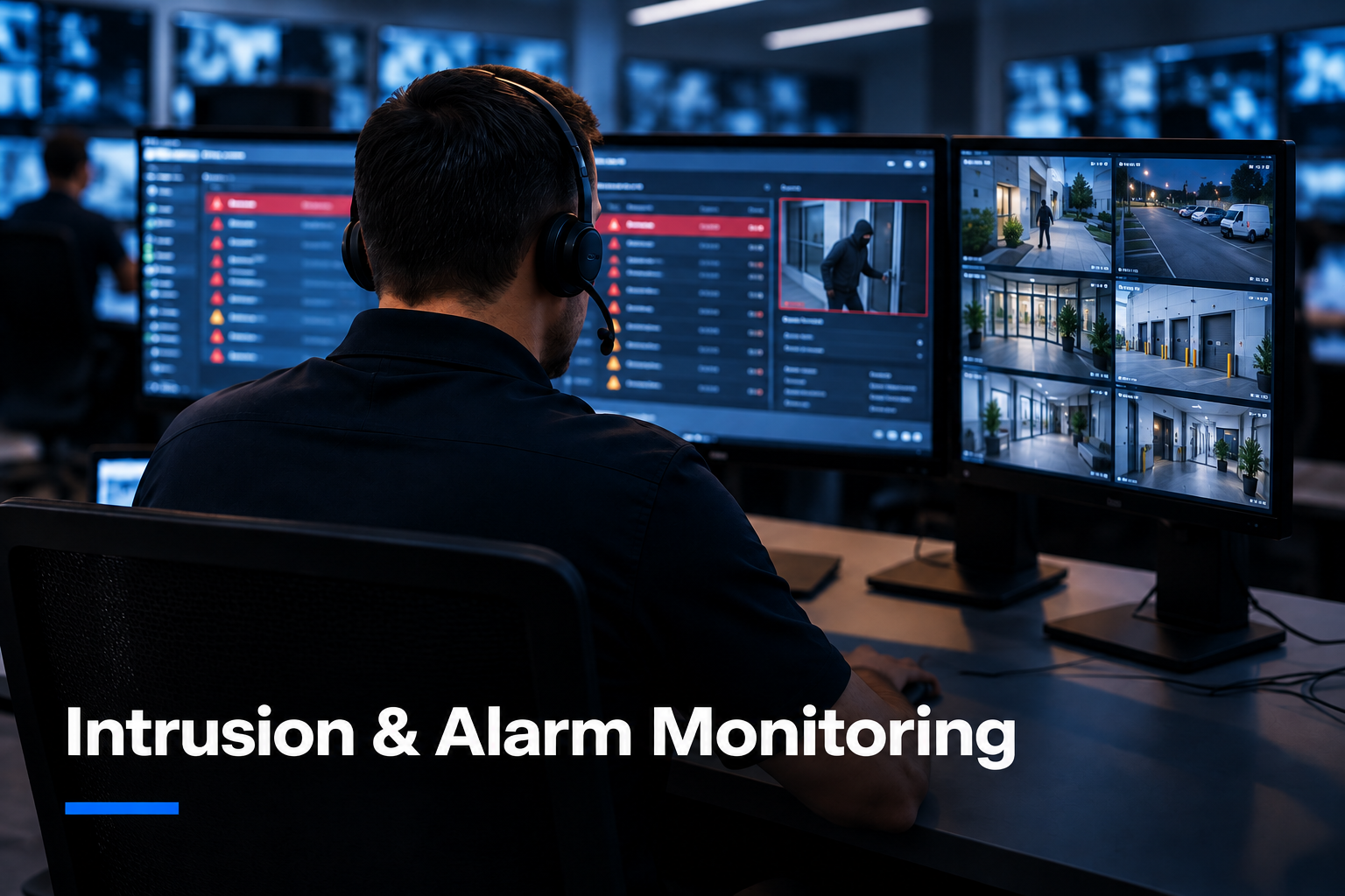 Security operator monitoring multiple surveillance screens in a commercial control room.