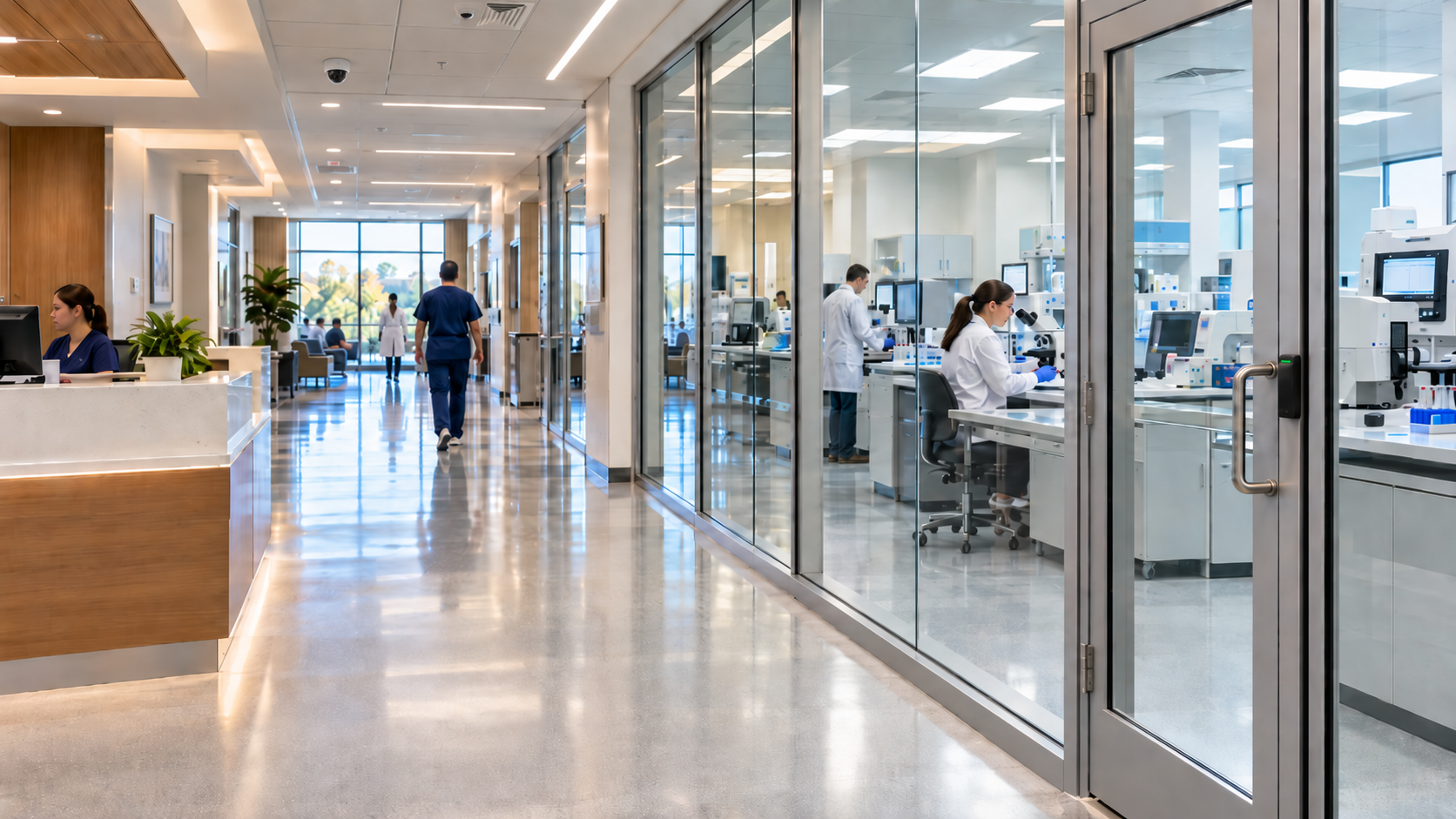 Medical professionals working in a modern clinical and laboratory facility with glass-enclosed work areas.
