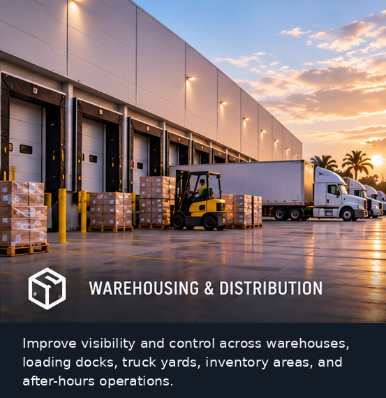 Distribution center loading area with forklift, pallets, trailers, and loading docks.